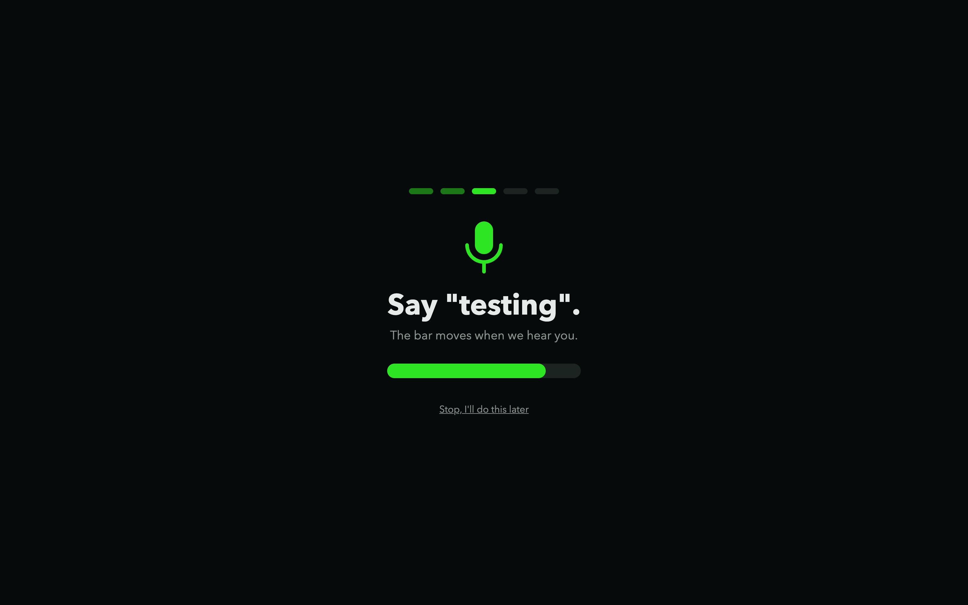 The equipment check screen with a tone test and a live microphone meter