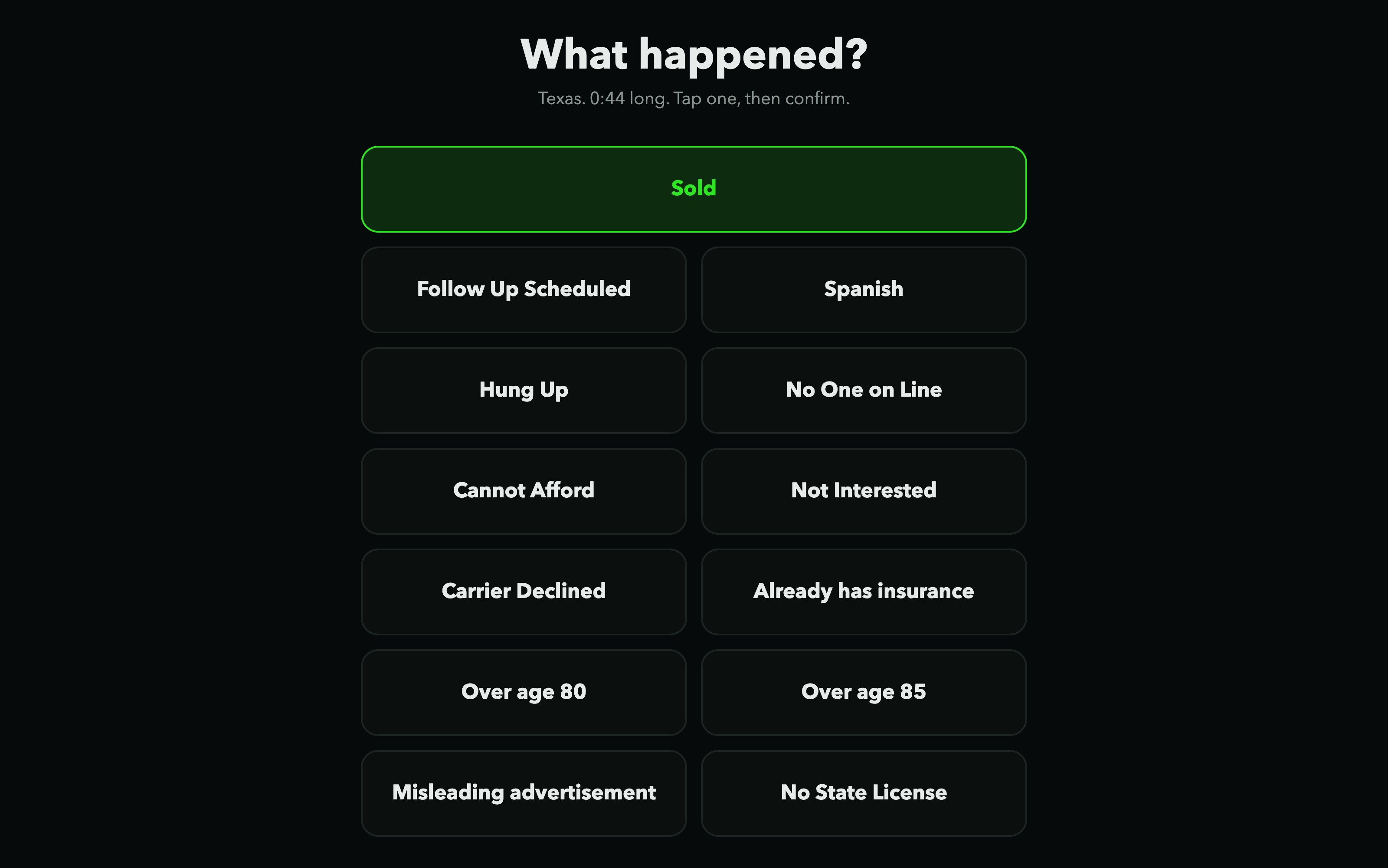 The wrap up screen with eleven disposition buttons