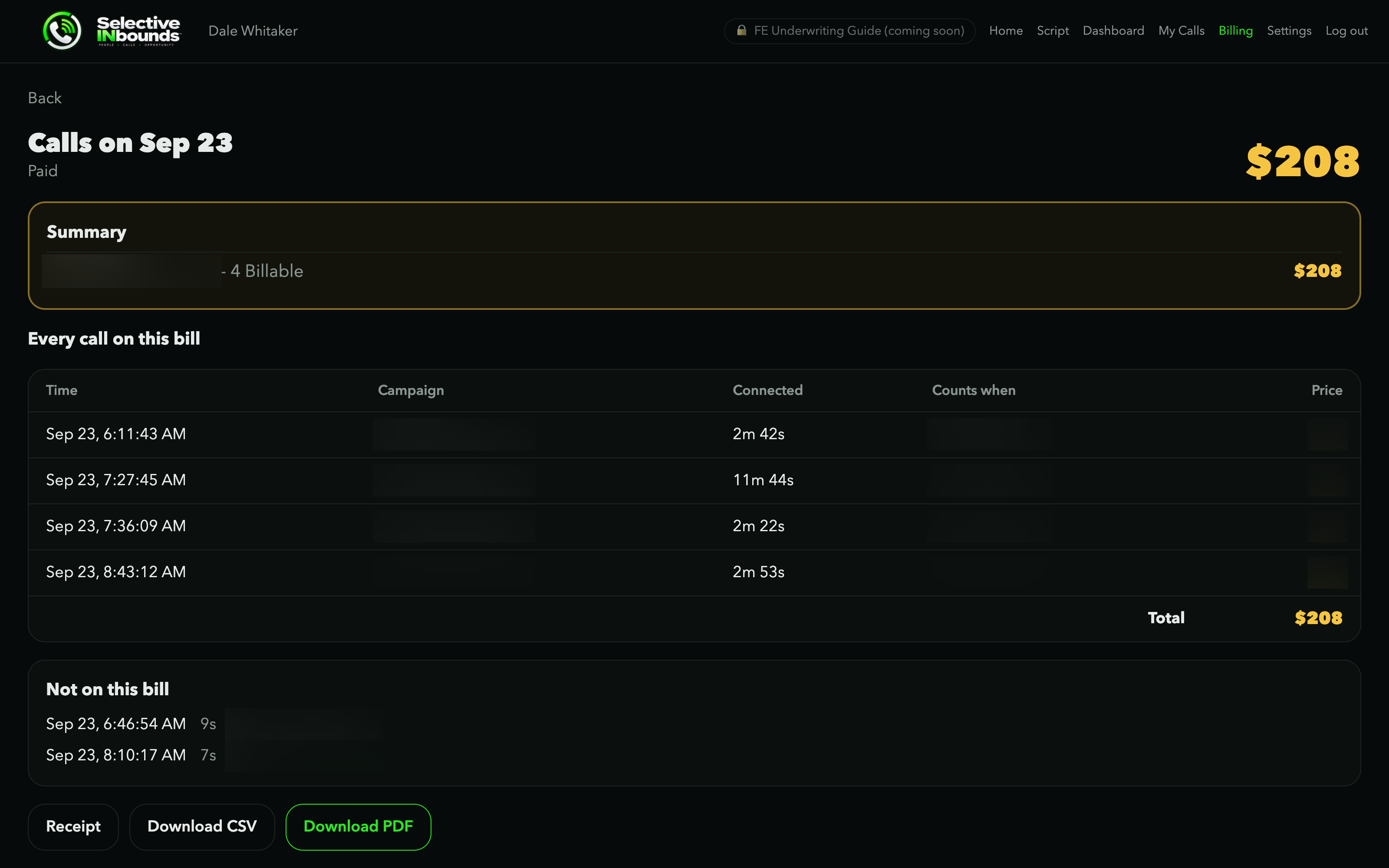 The billing tab showing the card on file and itemized charges