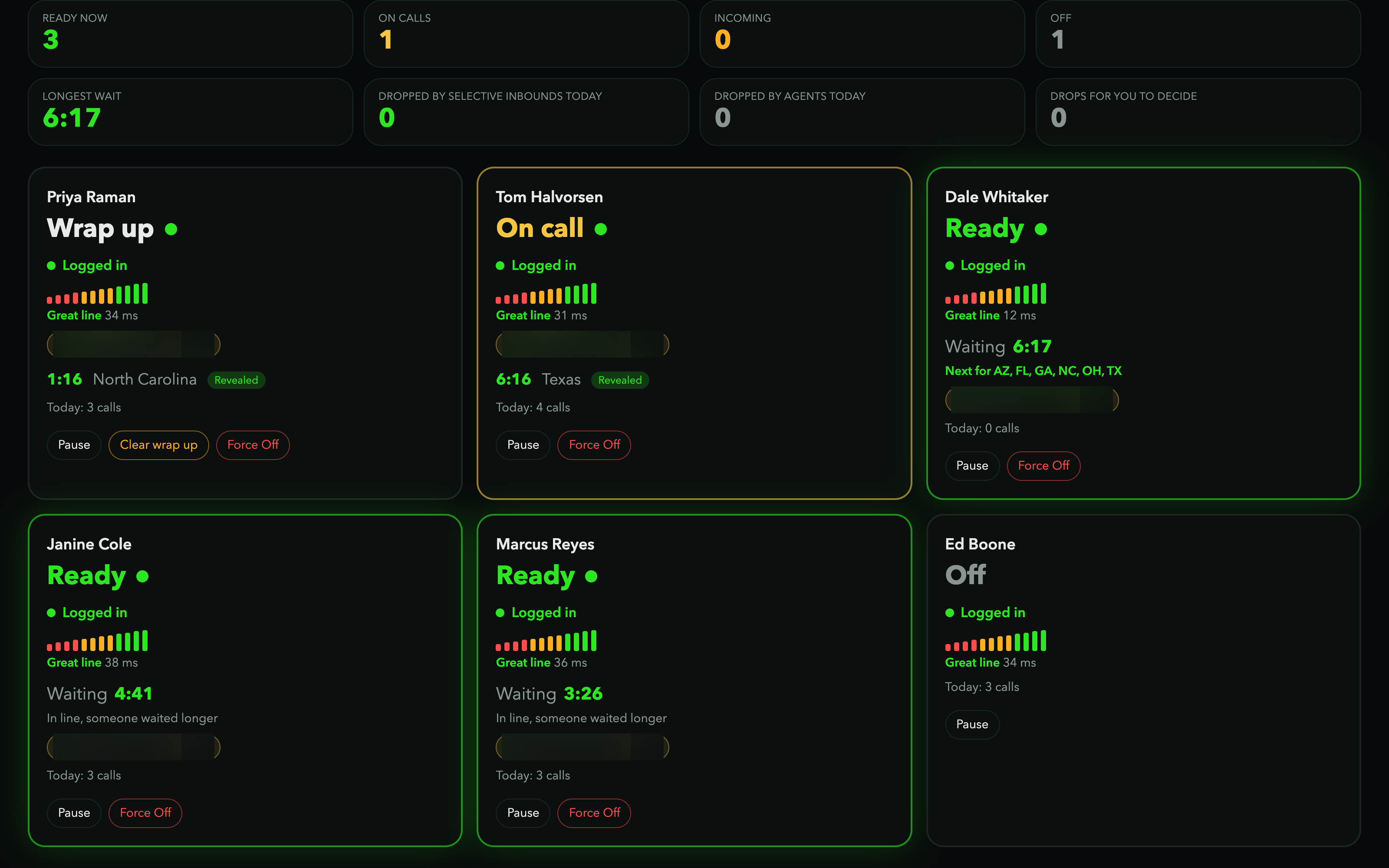 The operator live board showing every agent's state